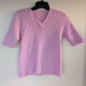 VINTAGE Handmade Knit Crochet Short Sleeve Top, Light Pink/Purple (XS/S)